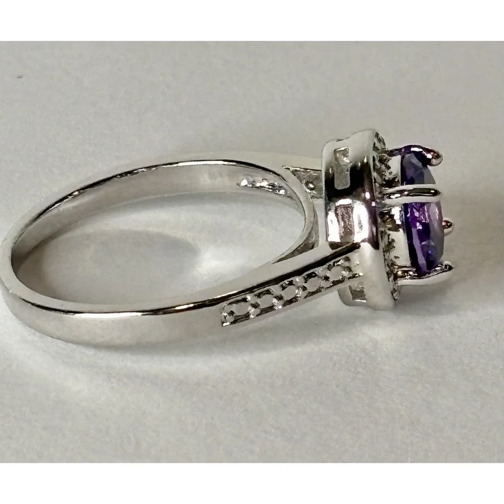 Purple Glass Halo Ring Silver Tone Round Cut Sparkle Cocktail Size 8